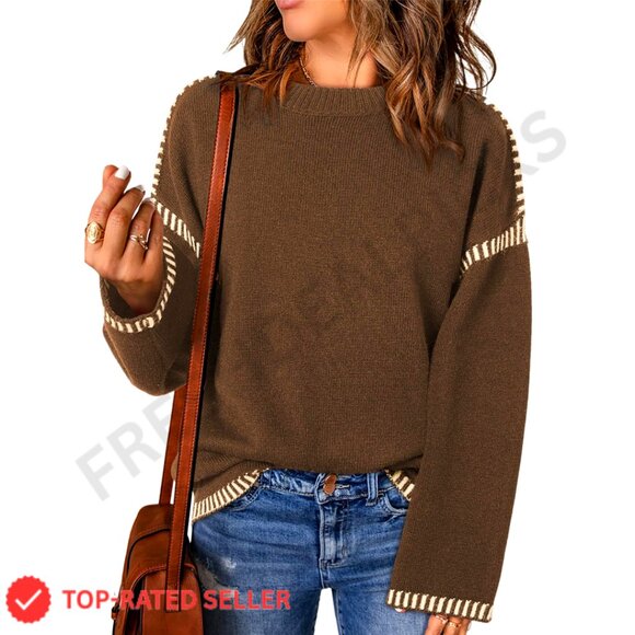 Cable Knit Pullover Sweater Oversized Loose Fit Crewneck Long Sleeve Cozy